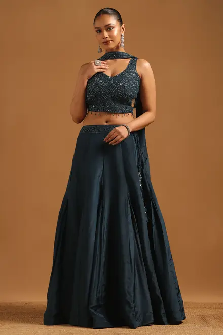 Blue Crepe Ethnic Motif Lehenga With Cutwork